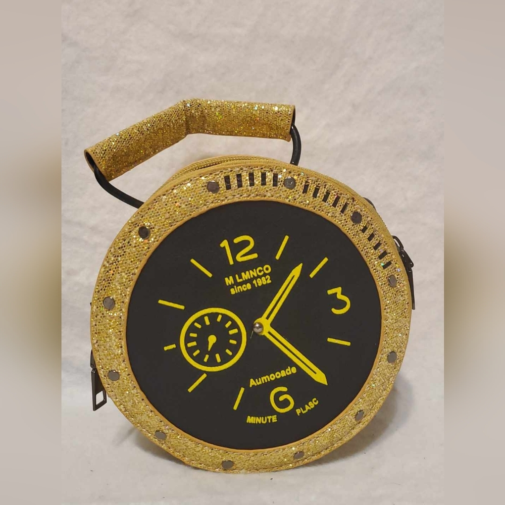 gold gliter clock purse handbag